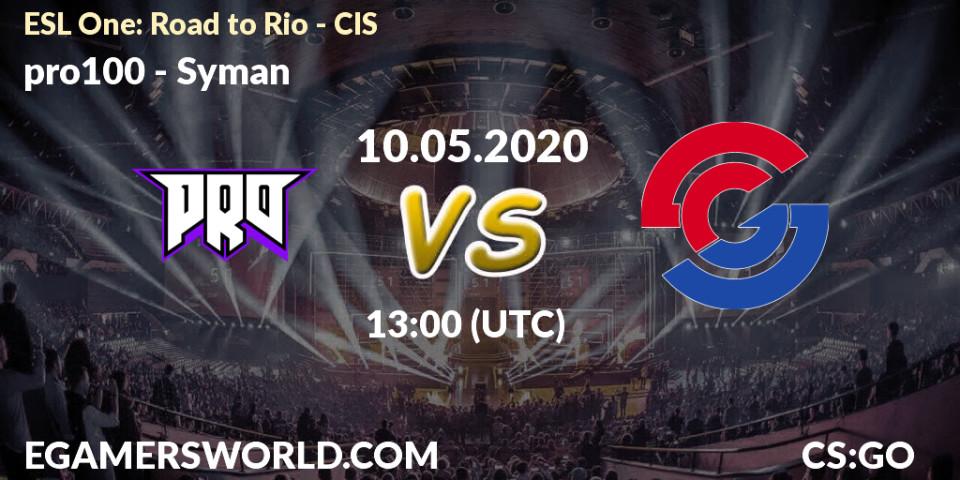 Prognose für das Spiel pro100 VS Syman. 10.05.20. CS2 (CS:GO) - ESL One: Road to Rio - CIS