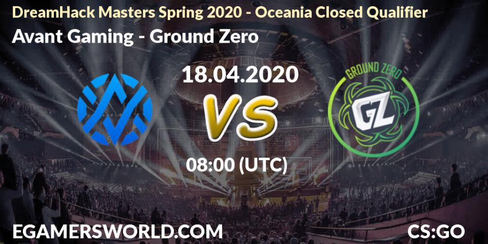 Prognose für das Spiel Avant Gaming VS Ground Zero. 18.04.20. CS2 (CS:GO) - DreamHack Masters Spring 2020 - Oceania Closed Qualifier