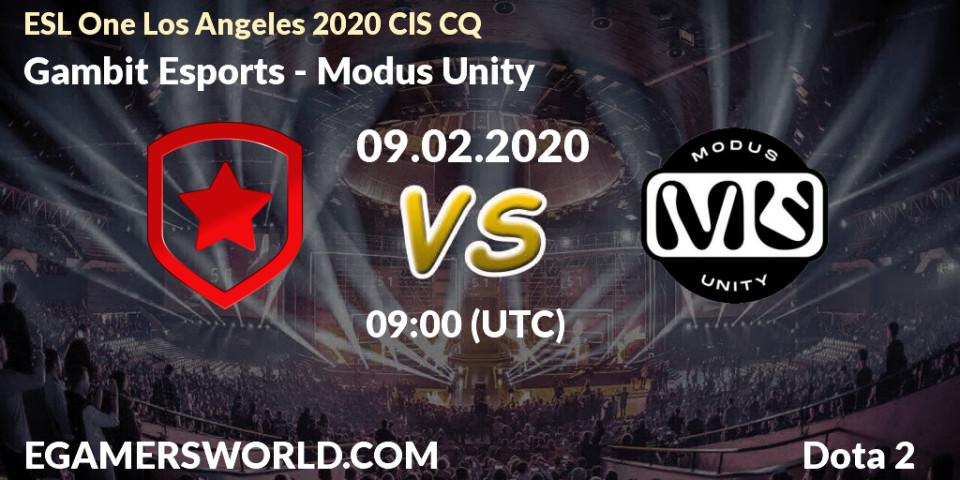 Prognose für das Spiel Gambit Esports VS Modus Unity. 09.02.20. Dota 2 - ESL One Los Angeles 2020 CIS CQ