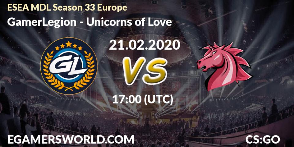 Prognose für das Spiel GamerLegion VS Unicorns of Love. 21.02.2020 at 17:00. Counter-Strike (CS2) - ESEA MDL Season 33 Europe