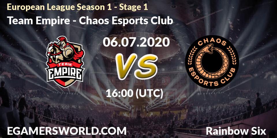 Prognose für das Spiel Team Empire VS Chaos Esports Club. 06.07.20. Rainbow Six - European League Season 1 - Stage 1