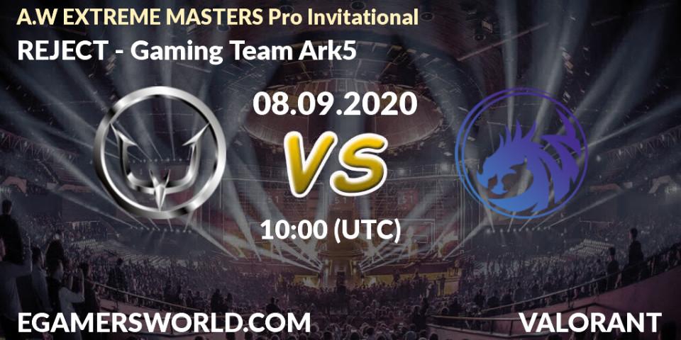 Prognose für das Spiel REJECT VS Gaming Team Ark5. 08.09.2020 at 10:00. VALORANT - A.W EXTREME MASTERS Pro Invitational