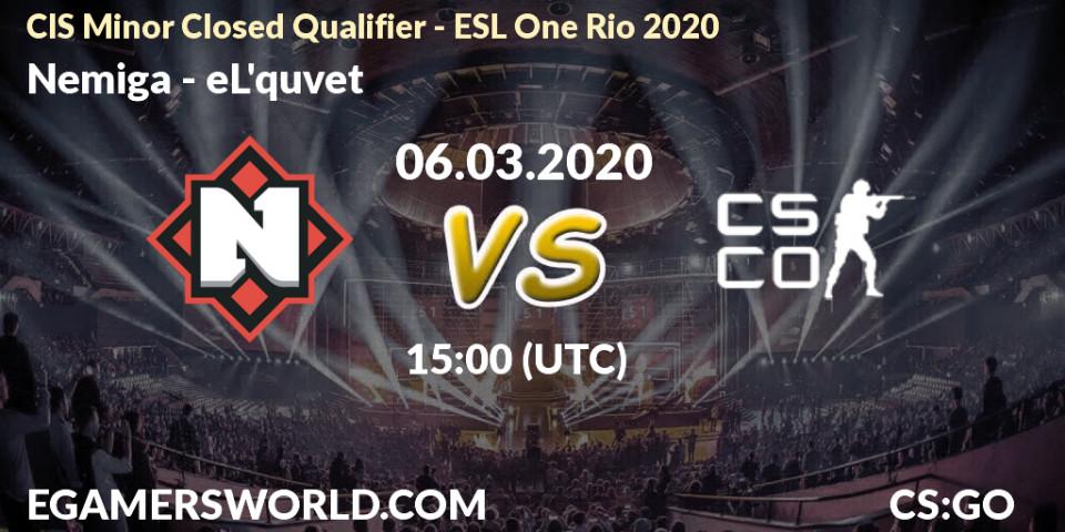 Prognose für das Spiel Nemiga VS eL'quvet. 06.03.20. CS2 (CS:GO) - CIS Minor Closed Qualifier - ESL One Rio 2020