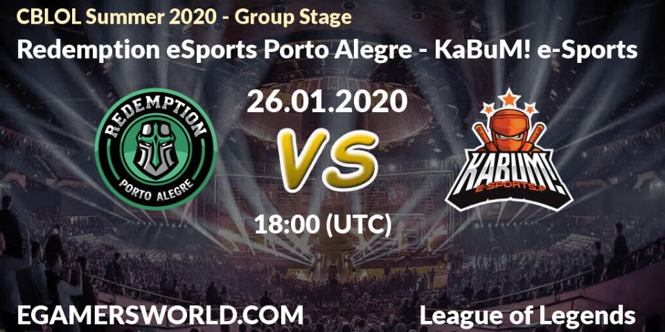 Prognose für das Spiel Redemption eSports Porto Alegre VS KaBuM! e-Sports. 26.01.20. LoL - CBLOL Summer 2020 - Group Stage