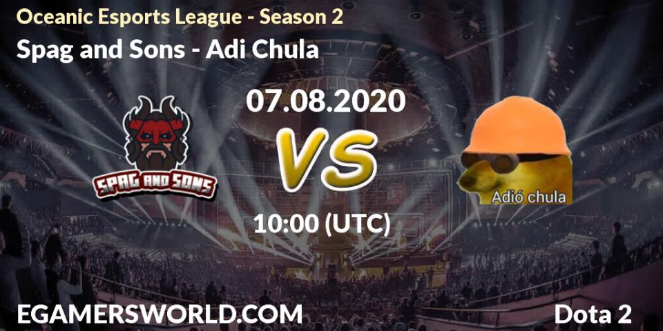 Prognose für das Spiel Spag and Sons VS Adió Chula. 07.08.2020 at 10:05. Dota 2 - Oceanic Esports League - Season 2