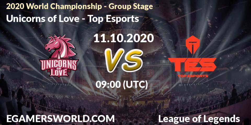 Prognose für das Spiel Unicorns of Love VS Top Esports. 11.10.20. LoL - 2020 World Championship - Group Stage