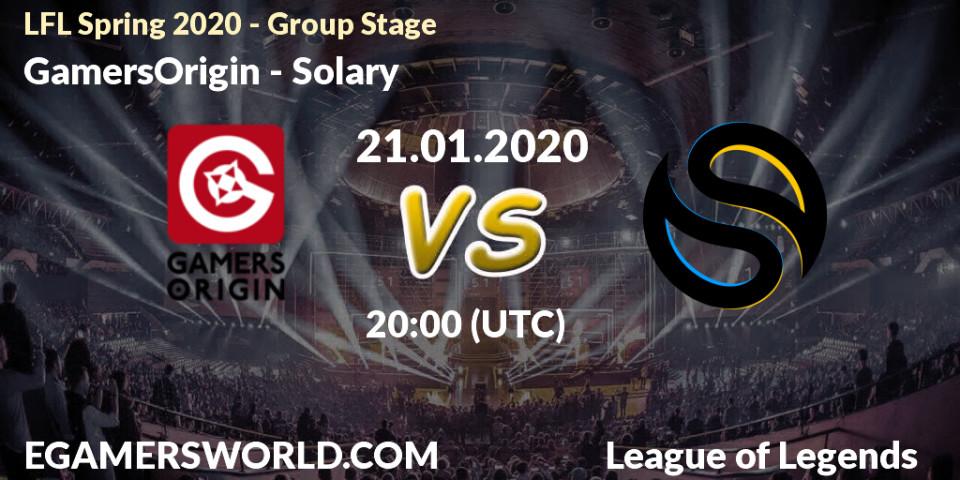 Prognose für das Spiel GamersOrigin VS Solary. 21.01.20. LoL - LFL Spring 2020 - Group Stage