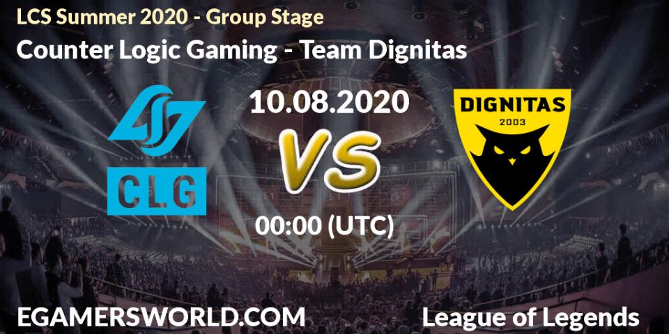 Prognose für das Spiel Counter Logic Gaming VS Team Dignitas. 10.08.2020 at 00:00. LoL - LCS Summer 2020 - Group Stage
