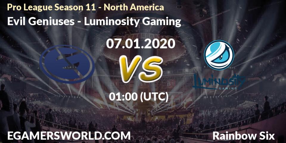 Prognose für das Spiel Evil Geniuses VS Luminosity Gaming. 07.01.20. Rainbow Six - Pro League Season 11 - North America