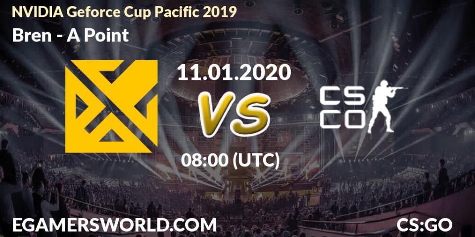 Prognose für das Spiel Bren VS A Point. 11.01.2020 at 08:40. Counter-Strike (CS2) - NVIDIA Geforce Cup Pacific 2019