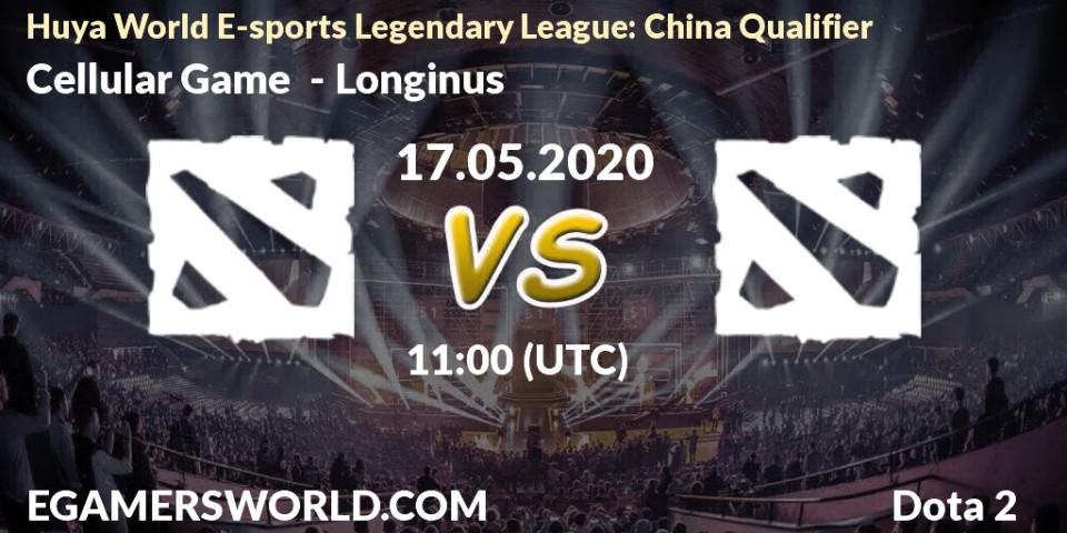 Prognose für das Spiel Cellular Game VS Longinus. 17.05.20. Dota 2 - Huya World E-sports Legendary League: China Qualifier