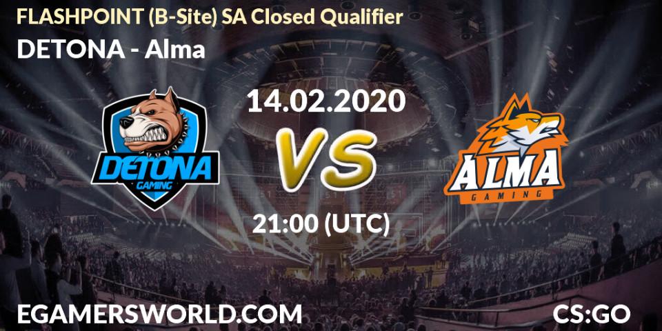 Prognose für das Spiel DETONA VS Alma. 14.02.2020 at 21:10. Counter-Strike (CS2) - FLASHPOINT South America Closed Qualifier