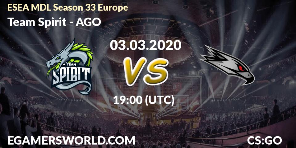 Prognose für das Spiel Team Spirit VS AGO. 03.03.2020 at 19:00. Counter-Strike (CS2) - ESEA MDL Season 33 Europe