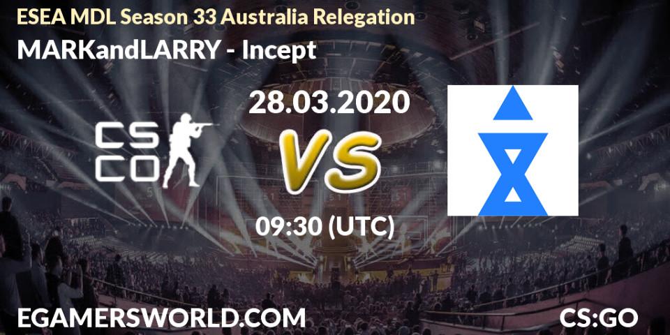 Prognose für das Spiel MARKandLARRY VS Incept. 28.03.20. CS2 (CS:GO) - ESEA MDL Season 33 Australia Relegation