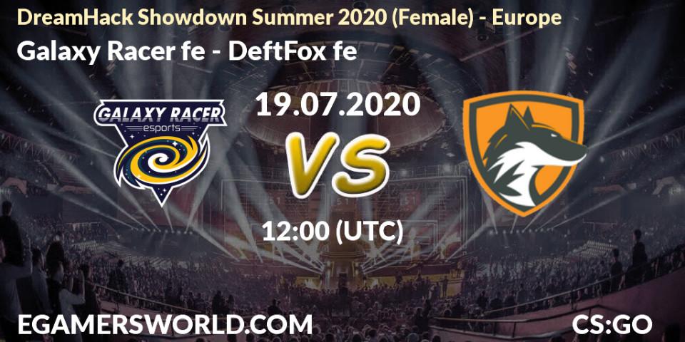 Prognose für das Spiel Galaxy Racer fe VS DeftFox fe. 19.07.2020 at 12:00. Counter-Strike (CS2) - DreamHack Showdown Summer 2020 (Female) - Europe