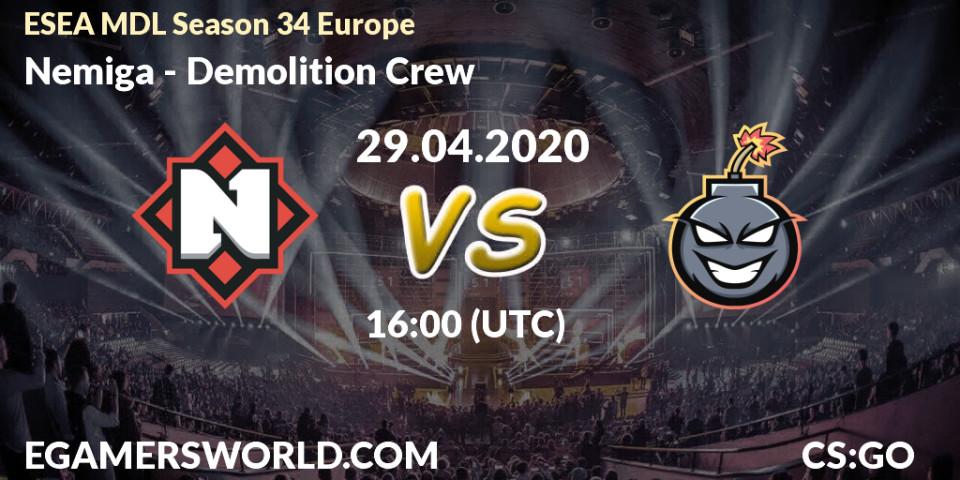 Prognose für das Spiel Nemiga VS Demolition Crew. 29.04.20. CS2 (CS:GO) - ESEA MDL Season 34 Europe