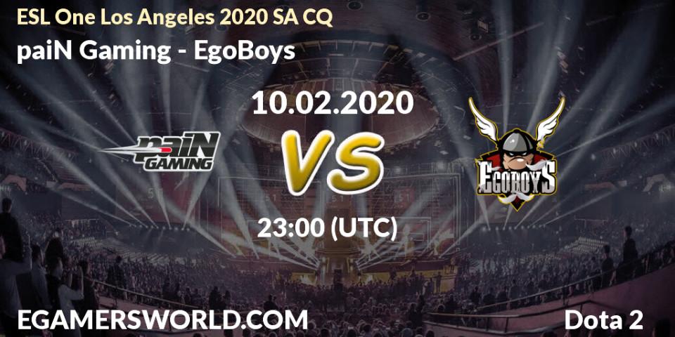 Prognose für das Spiel paiN Gaming VS EgoBoys. 11.02.20. Dota 2 - ESL One Los Angeles 2020 SA CQ