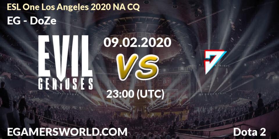 Prognose für das Spiel EG VS DoZe. 10.02.2020 at 00:00. Dota 2 - ESL One Los Angeles 2020 NA CQ