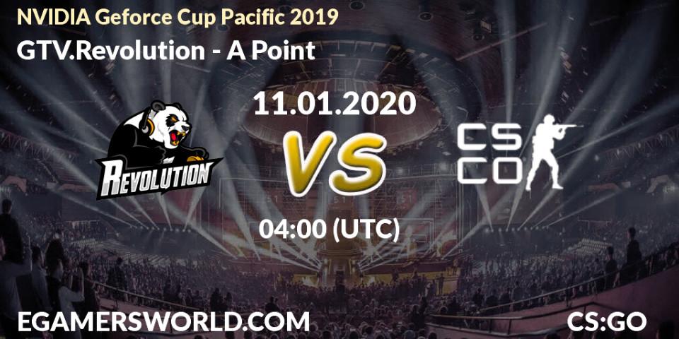 Prognose für das Spiel GTV.Revolution VS A Point. 11.01.2020 at 05:30. Counter-Strike (CS2) - NVIDIA Geforce Cup Pacific 2019