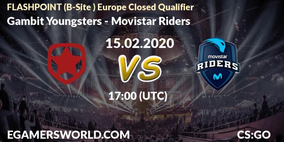 Prognose für das Spiel Gambit Youngsters VS Movistar Riders. 15.02.2020 at 17:10. Counter-Strike (CS2) - FLASHPOINT Europe Closed Qualifier