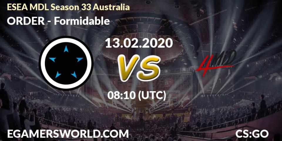 Prognose für das Spiel ORDER VS Formidable. 13.02.20. CS2 (CS:GO) - ESEA MDL Season 33 Australia