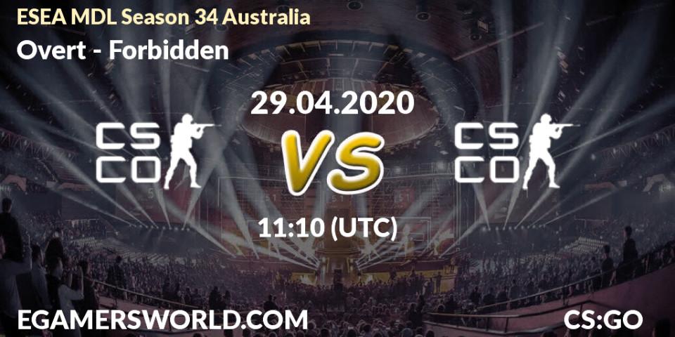 Prognose für das Spiel Overt VS Forbidden. 29.04.2020 at 11:10. Counter-Strike (CS2) - ESEA MDL Season 34 Australia