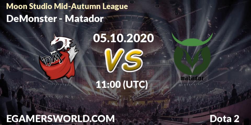 Prognose für das Spiel DeMonster VS Matador. 05.10.2020 at 11:44. Dota 2 - Moon Studio Mid-Autumn League