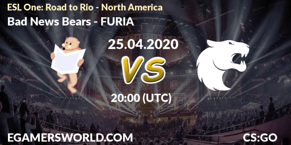 Prognose für das Spiel Bad News Bears VS FURIA. 25.04.2020 at 20:00. Counter-Strike (CS2) - ESL One: Road to Rio - North America