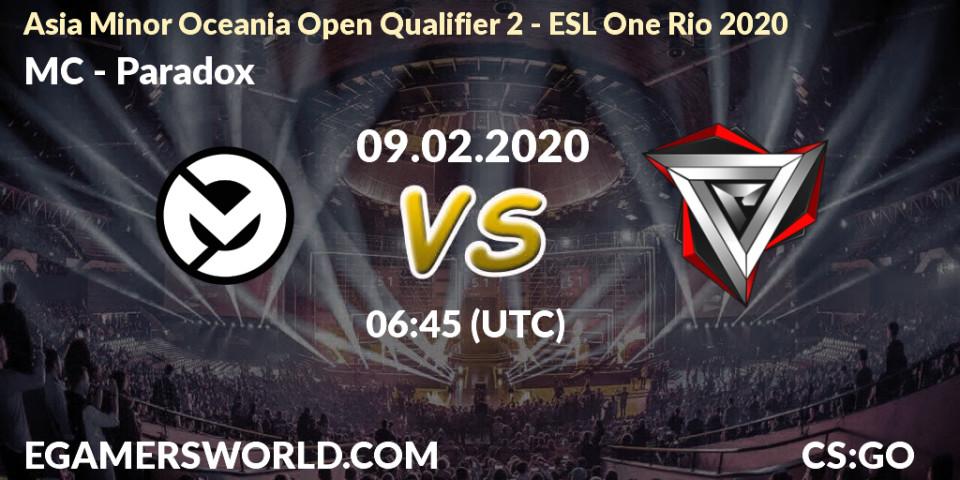 Prognose für das Spiel MC VS Paradox. 09.02.20. CS2 (CS:GO) - Asia Minor Oceania Open Qualifier 2 - ESL One Rio 2020