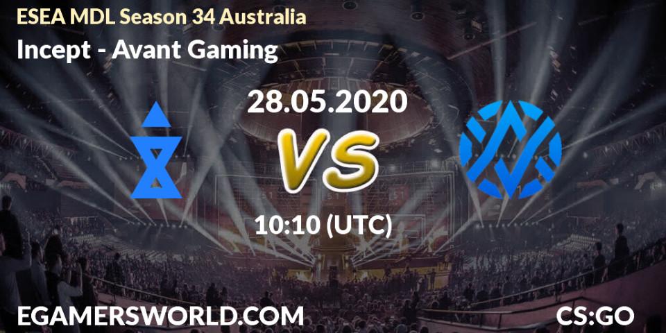 Prognose für das Spiel Incept VS Avant Gaming. 28.05.20. CS2 (CS:GO) - ESEA MDL Season 34 Australia