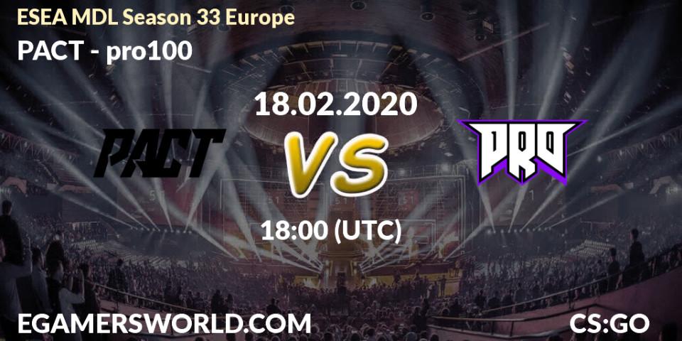 Prognose für das Spiel PACT VS pro100. 12.03.20. CS2 (CS:GO) - ESEA MDL Season 33 Europe