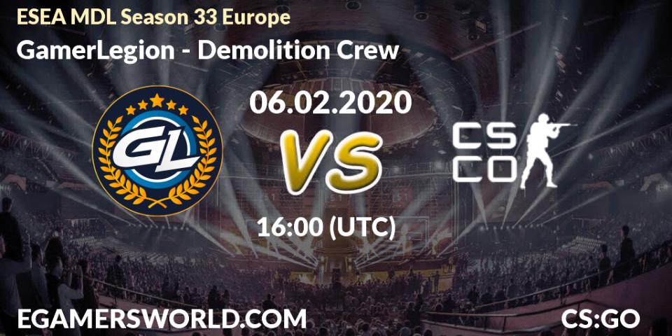 Prognose für das Spiel GamerLegion VS Demolition Crew. 06.02.2020 at 16:00. Counter-Strike (CS2) - ESEA MDL Season 33 Europe