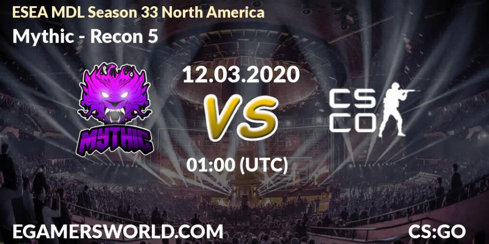 Prognose für das Spiel Mythic VS Recon 5. 12.03.2020 at 01:10. Counter-Strike (CS2) - ESEA MDL Season 33 North America