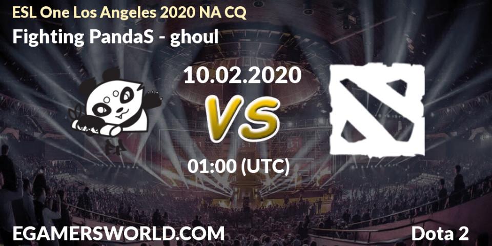 Prognose für das Spiel Fighting PandaS VS ghoul. 10.02.2020 at 00:12. Dota 2 - ESL One Los Angeles 2020 NA CQ