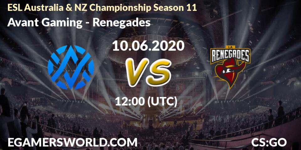 Prognose für das Spiel Avant Gaming VS Renegades. 10.06.2020 at 11:35. Counter-Strike (CS2) - ESL Australia & NZ Championship Season 11