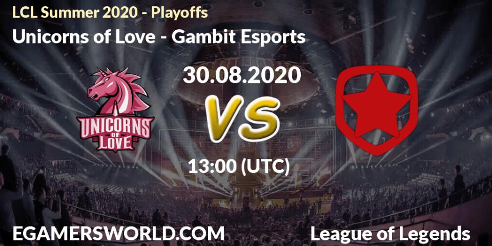 Prognose für das Spiel Unicorns of Love VS Gambit Esports. 30.08.2020 at 14:41. LoL - LCL Summer 2020 - Playoffs