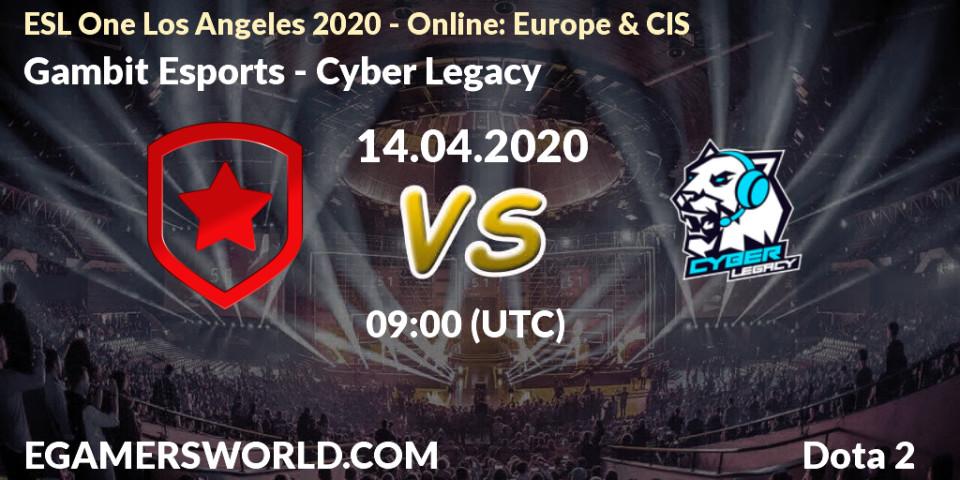 Prognose für das Spiel Gambit Esports VS Cyber Legacy. 14.04.2020 at 09:00. Dota 2 - ESL One Los Angeles 2020 - Online: Europe & CIS