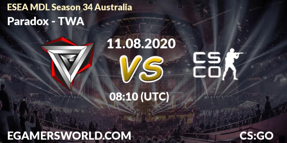 Prognose für das Spiel Paradox VS TWA. 14.08.2020 at 09:10. Counter-Strike (CS2) - ESEA MDL Season 34 Australia
