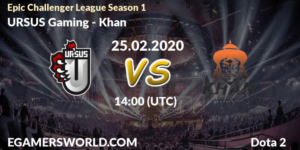 Prognose für das Spiel URSUS Gaming VS Khan. 25.02.2020 at 16:31. Dota 2 - Epic Challenger League Season 1