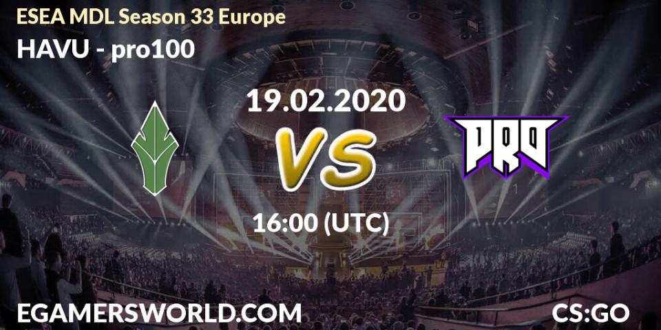 Prognose für das Spiel HAVU VS pro100. 19.02.20. CS2 (CS:GO) - ESEA MDL Season 33 Europe