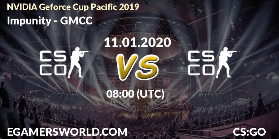 Prognose für das Spiel Impunity VS GMCC. 11.01.2020 at 10:50. Counter-Strike (CS2) - NVIDIA Geforce Cup Pacific 2019