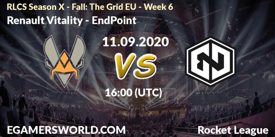 Prognose für das Spiel Renault Vitality VS EndPoint. 11.09.2020 at 16:00. Rocket League - RLCS Season X - Fall: The Grid EU - Week 6