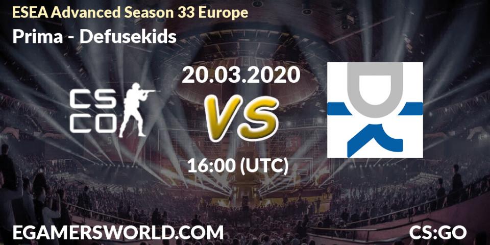 Prognose für das Spiel Prima VS Defusekids. 20.03.20. CS2 (CS:GO) - ESEA Advanced Season 33 Europe