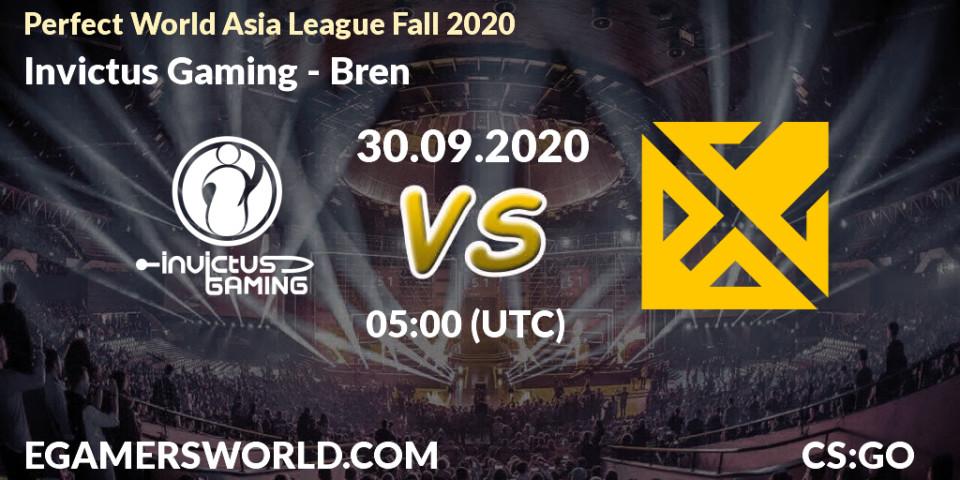 Prognose für das Spiel Invictus Gaming VS Bren. 30.09.2020 at 05:00. Counter-Strike (CS2) - Perfect World Asia League Fall 2020