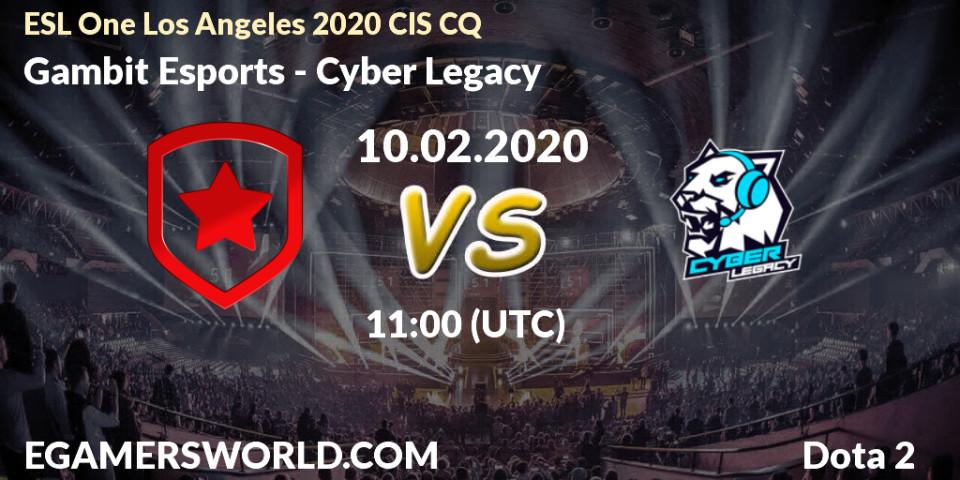 Prognose für das Spiel Gambit Esports VS Cyber Legacy. 10.02.2020 at 11:09. Dota 2 - ESL One Los Angeles 2020 CIS CQ