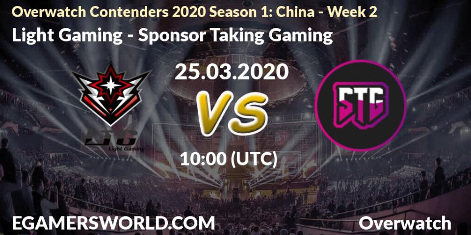 Prognose für das Spiel Light Gaming VS Sponsor Taking Gaming. 25.03.20. Overwatch - Overwatch Contenders 2020 Season 1: China - Week 2