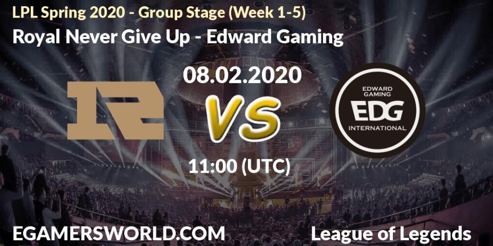 Prognose für das Spiel Royal Never Give Up VS Edward Gaming. 29.03.20. LoL - LPL Spring 2020 - Group Stage (Week 1-4)