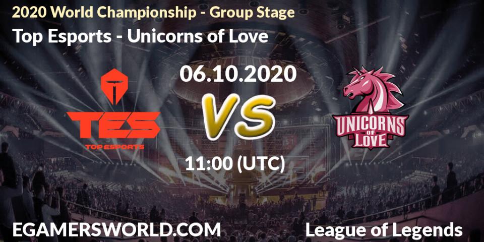 Prognose für das Spiel Top Esports VS Unicorns of Love. 06.10.2020 at 11:00. LoL - 2020 World Championship - Group Stage