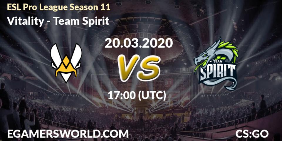 Prognose für das Spiel Vitality VS Team Spirit. 20.03.2020 at 17:00. Counter-Strike (CS2) - ESL Pro League Season 11: Europe