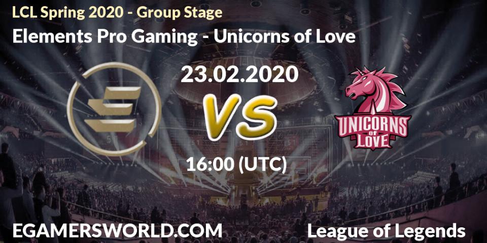 Prognose für das Spiel Elements Pro Gaming VS Unicorns of Love. 23.02.20. LoL - LCL Spring 2020 - Group Stage